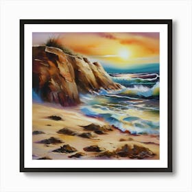 Artwork, oil colors, sea and sunset, seashore, beach rocks.San Francisco, USA.12 Art Print