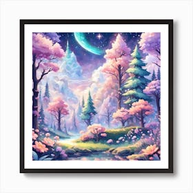 A Fantasy Forest With Twinkling Stars In Pastel Tone Square Composition 326 Art Print