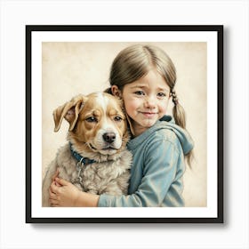 Little Girl Hugging Dog Art Print