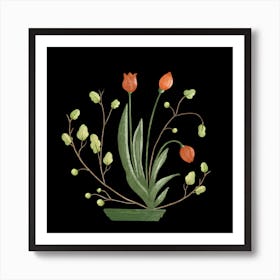 Tulips Ikebana On Black Art Print