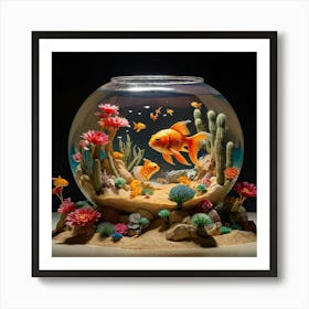 Elephant Sized Goldfish Swimming In A Giant Fishbowl Amidst A Surreal Desert Landscape Surrounded B Art Print