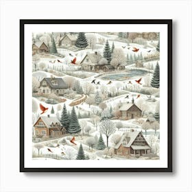 Winter Village With Cozy Houses, Trees And Red Birds Art Print