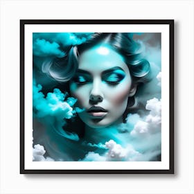 Woman Covered In Cyan Clouds Art Print