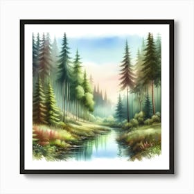 Watercolor Forest Landscape Art Print