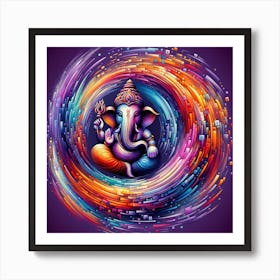 "Digital Divinity: Lord Ganesha and the Cosmic Circuit" - This vibrant artwork presents Lord Ganesha at the heart of a digital cosmos, symbolizing the union of ancient wisdom and modern technology. The deity is depicted amidst a swirling galaxy of circuitry and data streams, representing knowledge and connectivity in the digital age. The rich colors and dynamic composition convey Ganesha's role as a guide through the complexities of the modern world. This piece is a celebration of progress and tradition, making it an ideal addition to spaces that embrace both spirituality and innovation. Art Print