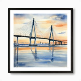 Accurate drawing and description. Sunset over the Arthur Ravenel Jr. Bridge in Charleston. Blue water and sunset reflections on the water. Watercolor.2 Art Print