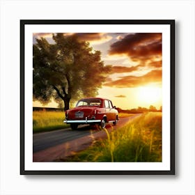 Old Car On The Road At Sunset Art Print