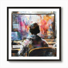 Gamer Sitting At Computer Art Print