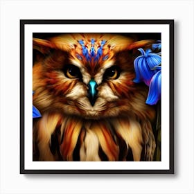 Owl With Blue Flowers 7 Art Print