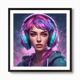 Pink Haired Girl With Headphones Art Print