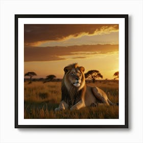 A Majestic Lion Lounging On A Grassy Savanna At Sunset, Surrounded By The Golden Hues Of The Setting Sun And The Vast Expanse Of The African Plains 4 Art Print