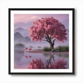 Pink Flamingos And Tree Art Print