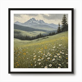 vintage oil painting of wild flowers in a meadow, mountains in the background 11 Art Print