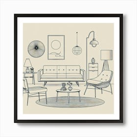 Minimalist Line Art Of Mid Century Furniture Pieces Arranged In A Stylish Living Room Setting, Style Line Drawing Art Print