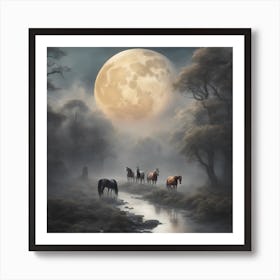 A large moon with famous horses and a babbling river, surrounded by towering trees and shrouded in mist, ethereal, dreamlike, Art Print