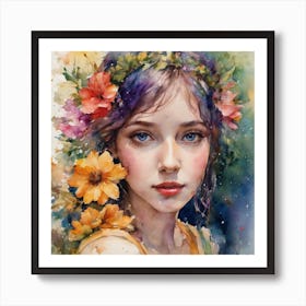 Watercolor Of A Girl With Flowers Art Print