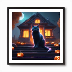 Halloween Cat In Front Of House 16 Art Print