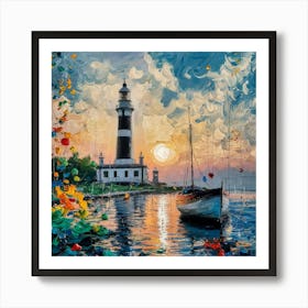 Lighthouse Sunset Art—a stunning seascape oil painting capturing a lighthouse against a vivid sunset sky, with a tranquil sailboat and vibrant shoreline flowers. Art Print