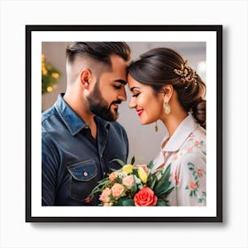 Happy Couple With Flowers Art Print