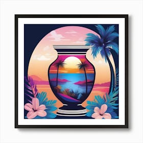 Flower Vase Decorated with Tropical Landscape and Palm Trees, Blue and Fuchsia Art Print