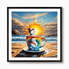 A Snowman's Coffee Cup Frosty Seaside Soak Art Print