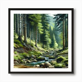 River In The Forest, Acrylic Painting Style Poster