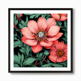 Red Anemones On Black Background, Illustrate A Close Up Of A Blooming Flower With Intricate Poster