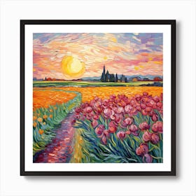 Sunset With Tulips Art Print