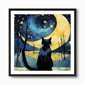 van gogh Cat In The Moonlight Art Print