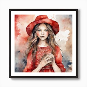 Boho art girl wearing a red hat Art Print