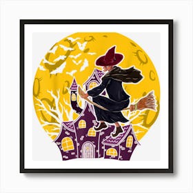 Witchcraft Halloween Costume Flying Bats Full Moon Witch Art Print