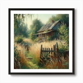 House In The Countryside Among The Grass And Trees, Acrylic Painting Style Art Print