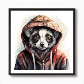 Watercolour Cartoon Lemur In A Hoodie Art Print