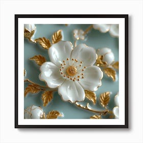 White Flowers With Gold Leaves Art Print