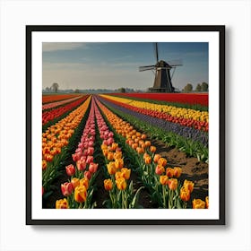 A Vibrant Tulip Field In The Netherlands With Rows Of Colorful Flowers And A Windmill In The Background 2 Art Print