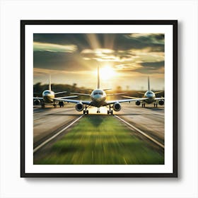 Three airplanes on a runway at sunset, with the sun shining behind them. Art Print