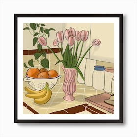 Kitchen Still Life With Pink Tulips Square Art Print