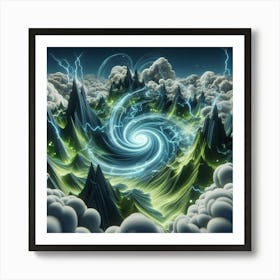 3 Dimensional Mountains With Multiple Green Lightning And White Swirls In A Vortex Of Clouds 3 Art Print