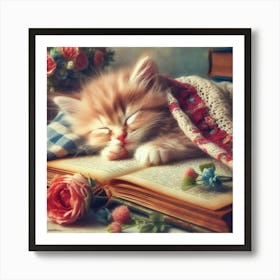 Kitten Sleeping On A Book 2 Art Print