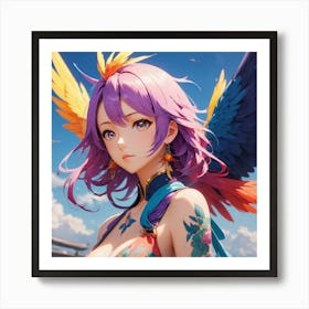 Anime Girl With Colorful Feathers Art Print