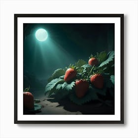 A Group Of Strawberries On A Plant With Green Leaves Is Illuminated By A Bright, Blue Moon In A Dark Cave Art Print