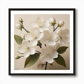 Firefly Soft Cherry Blossoms With Minimal Black Outlines On A Beige Background, With Subtle Leaves I Art Print