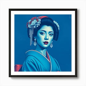 Geisha Portrait in Washed Blue Art Print