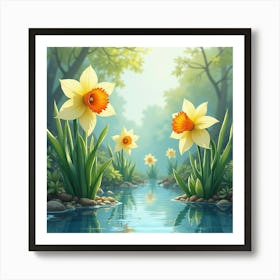 Watercolor Narcissus By A Magical, Reflective Pool 1 Art Print