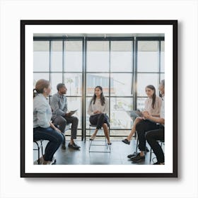 An expressive and diverse group of employees engaged in a casual, yet professional, meeting or discussion in a modern office space. This image communicates collaboration, diversity, and a positive work environment, suitable for various business-related applications Art Print