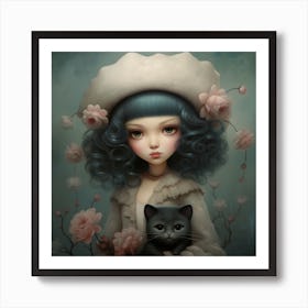 Little Girl with Cat and Flowers Art Print