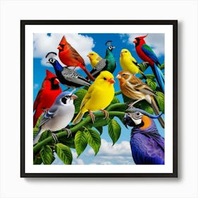 Colorful Birds On A Branch 1 Art Print