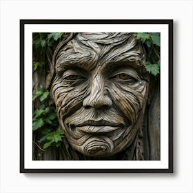 Portrait Of A Human Face Weathered With Deep Furrows Carved From Wood And Intertwined With Grass Art Print