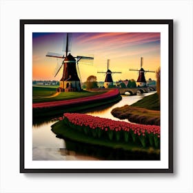 Windmills At Sunset Art Print