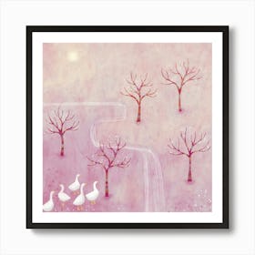 Geese in the Orchard Pink Landscape Art Print